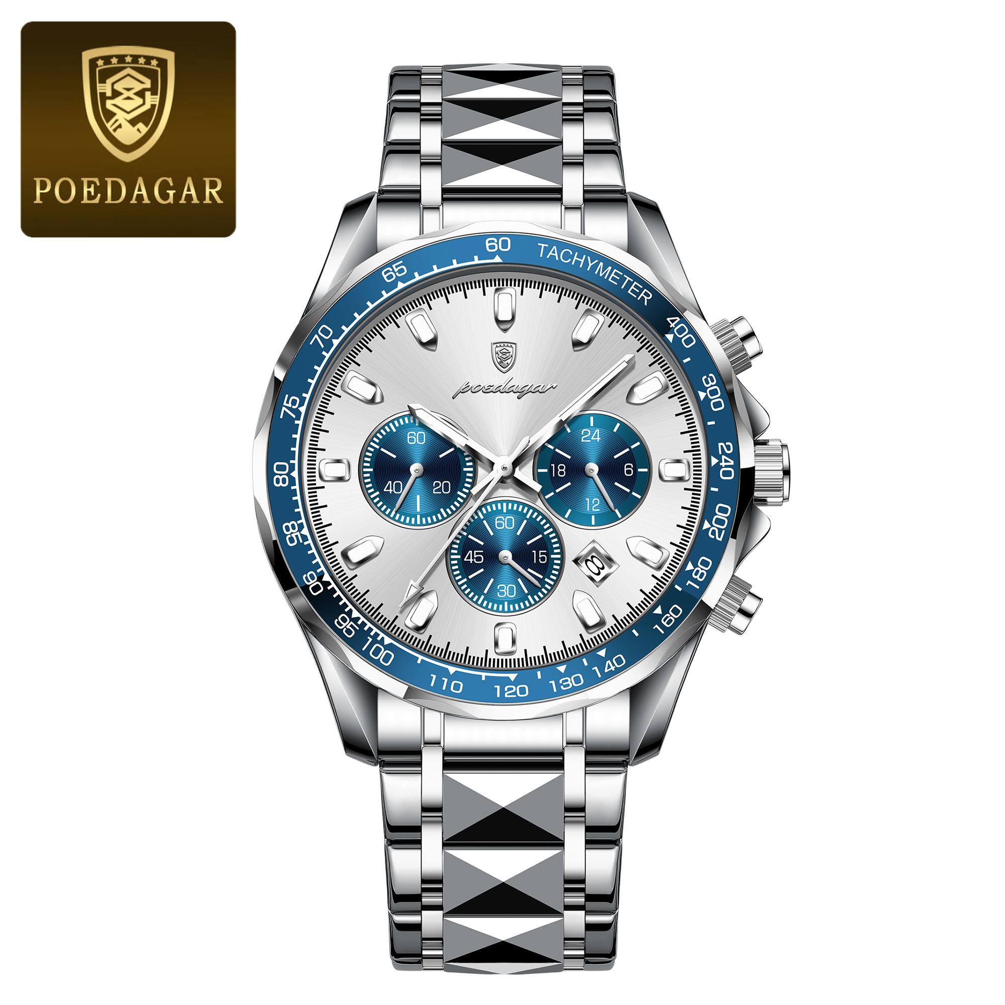 

POEDAGAR Luxury Brand Men Watch Waterproof Luminous Stainless Steel Watches Chronograph Date Quartz Business Watch for Man синий/белый