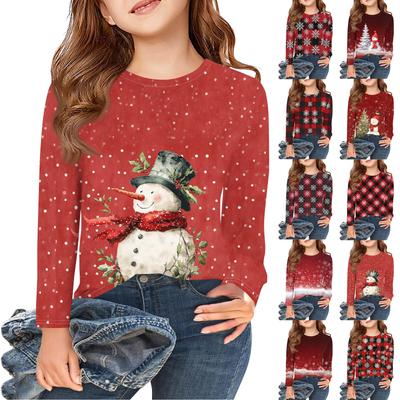 Christmas Day Girls Long Sleeve T Shirts Kids Fall Tops Crewneck Printed Basic Tees