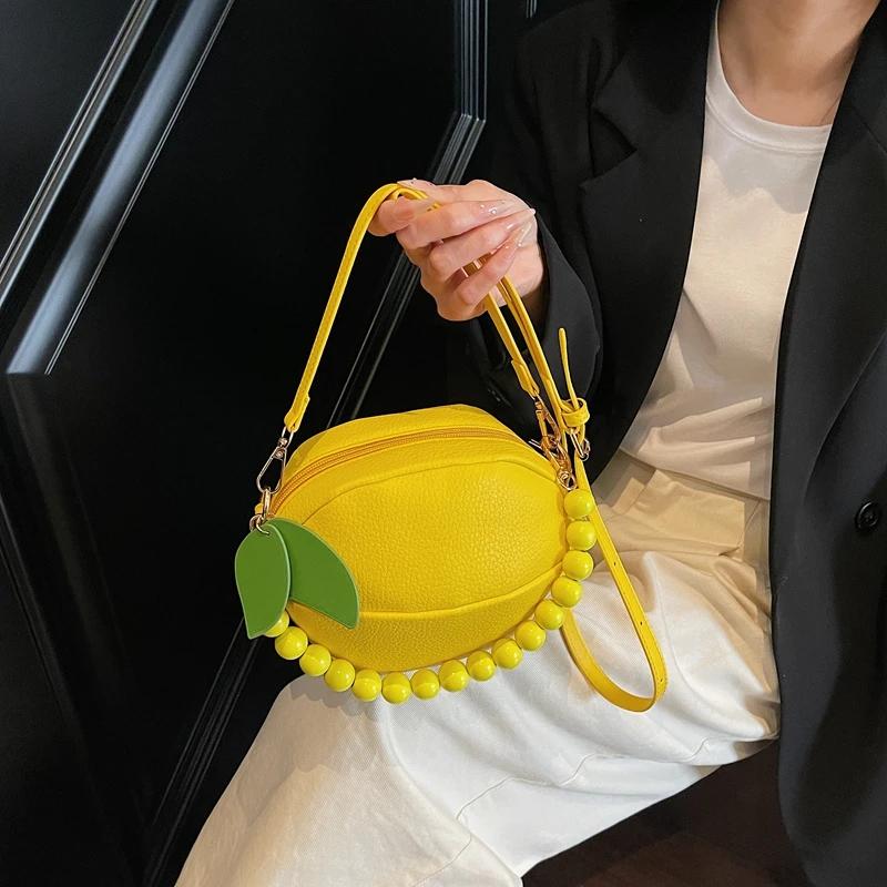 A Lemon Style PU Spherical Shoulder & Crossbody Bags Solid Zipper Beaded Fresh Personality Women's Handbags 2025 Spring New