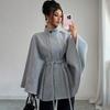 Manteau Cape Élégant pour Femme en Laine Mélangée à Col Montant Ceinture à Nouer Garniture en Fourrure de Lapin Vêtement d'Hiver
