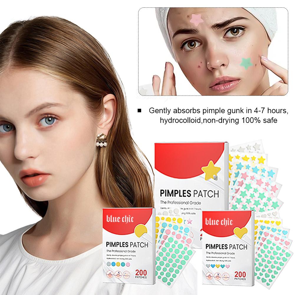 200Pcs Acne Patches Fade Blemishes Pimple Marks Closed Acne Blemishes Hydrocolloid Star Heart Shaped Cover Acne Pimple Patch