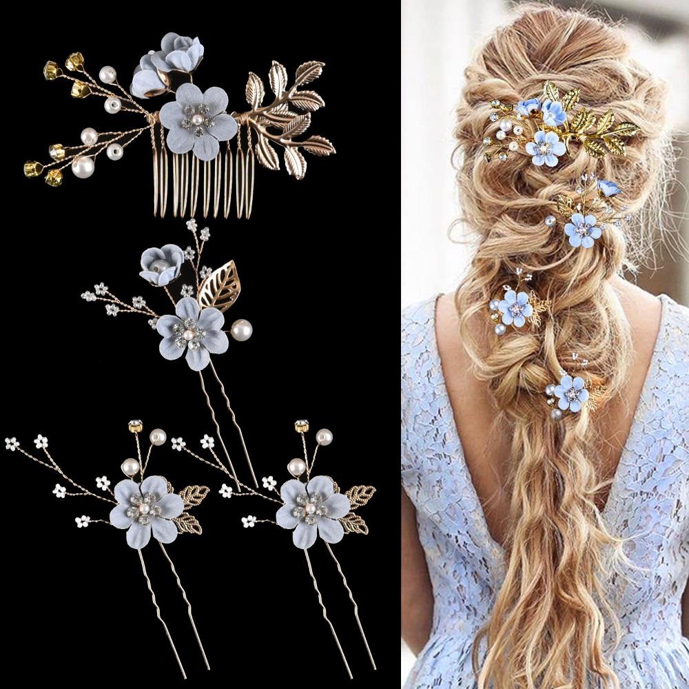 

4Pcs/set Gold/Silver Bridal Headband Rhinestone Wedding Tiara Elegant Bridesmaid Headwear Girls синий