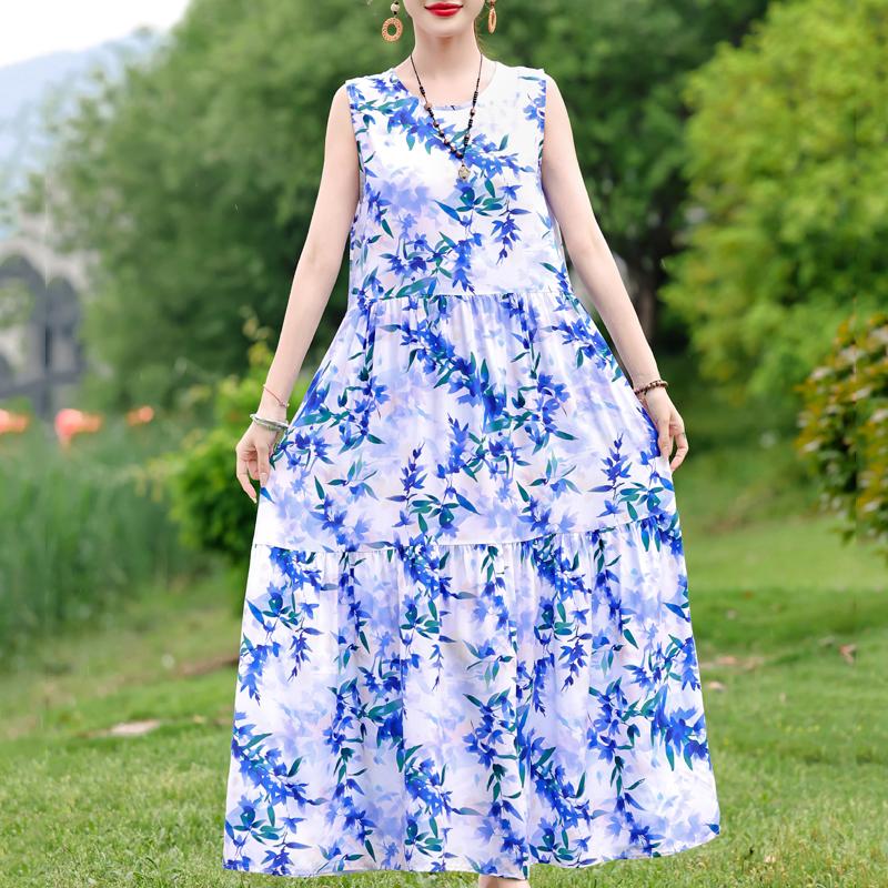 Elegant Sleeveless Dress for Women Plus Size Short Sleeve Vintage Print Long Dress Summer Casual Middle-aged Women's Clothing