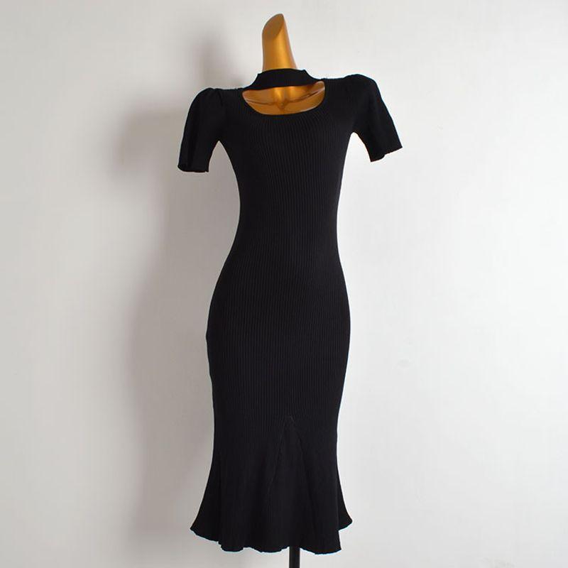 

Style New Arrival Pure Color Sexy U Collar Halterneck Knitting Dress Women s Clothing Waist-Tight Mid Length Long Length Hip-Wrapped Mermaid Dress Black One size