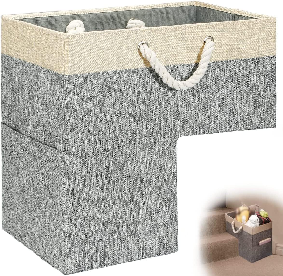 Stair Basket,Foldable Staircase Basket with Thick Cotton Rope Handles,L-Shape Stair Step Organiser Foldable Staircase Storage Cotton Linen Stair Tidy серый