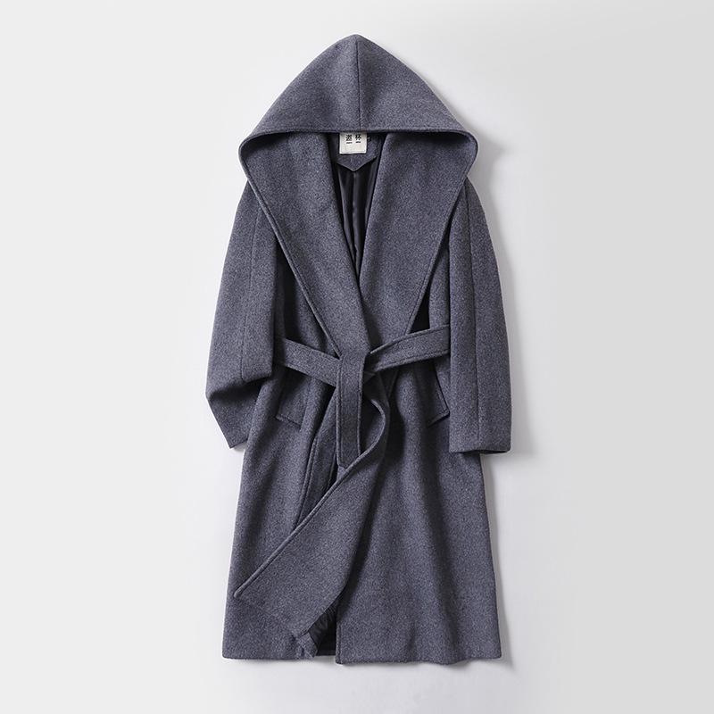 Winter Wool Cashmere Hooded Bathrobe: Long, Cozy, Belted Outerwear Coat Without Buttons