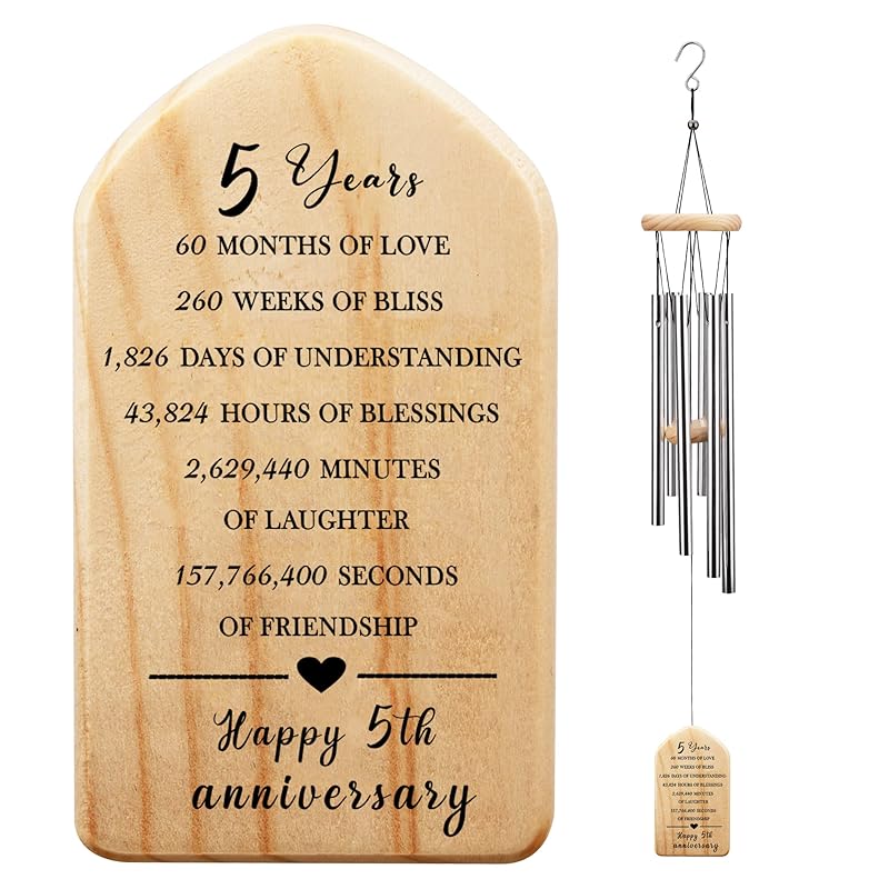 5 Years Anniversary Wind Chime, Happy 5th Anniversary Gift, 5 Years of Marriage, Wood Wedding Anniversary Keepsake for Couples Husband Wife,
