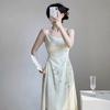 Women's Cream Spaghetti Strap Midi Square Neck Ruched Waist Abstract Line Print Elegant Party Dress