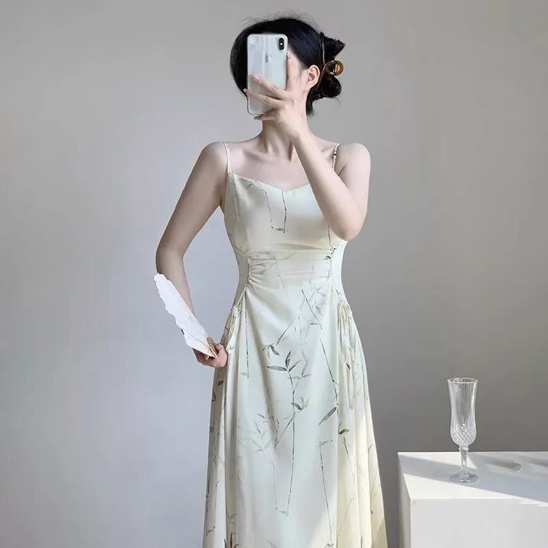 Women's Cream Spaghetti Strap Midi Square Neck Ruched Waist Abstract Line Print Elegant Party Dress