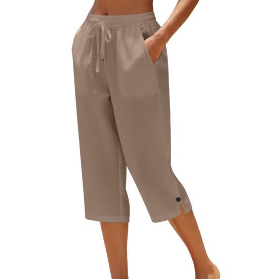 Women Cropped Pants Elastic High Waist Lace-up Straight Leg Casual Trousers with Pockets Breathable Summer Pants School Daily Wear