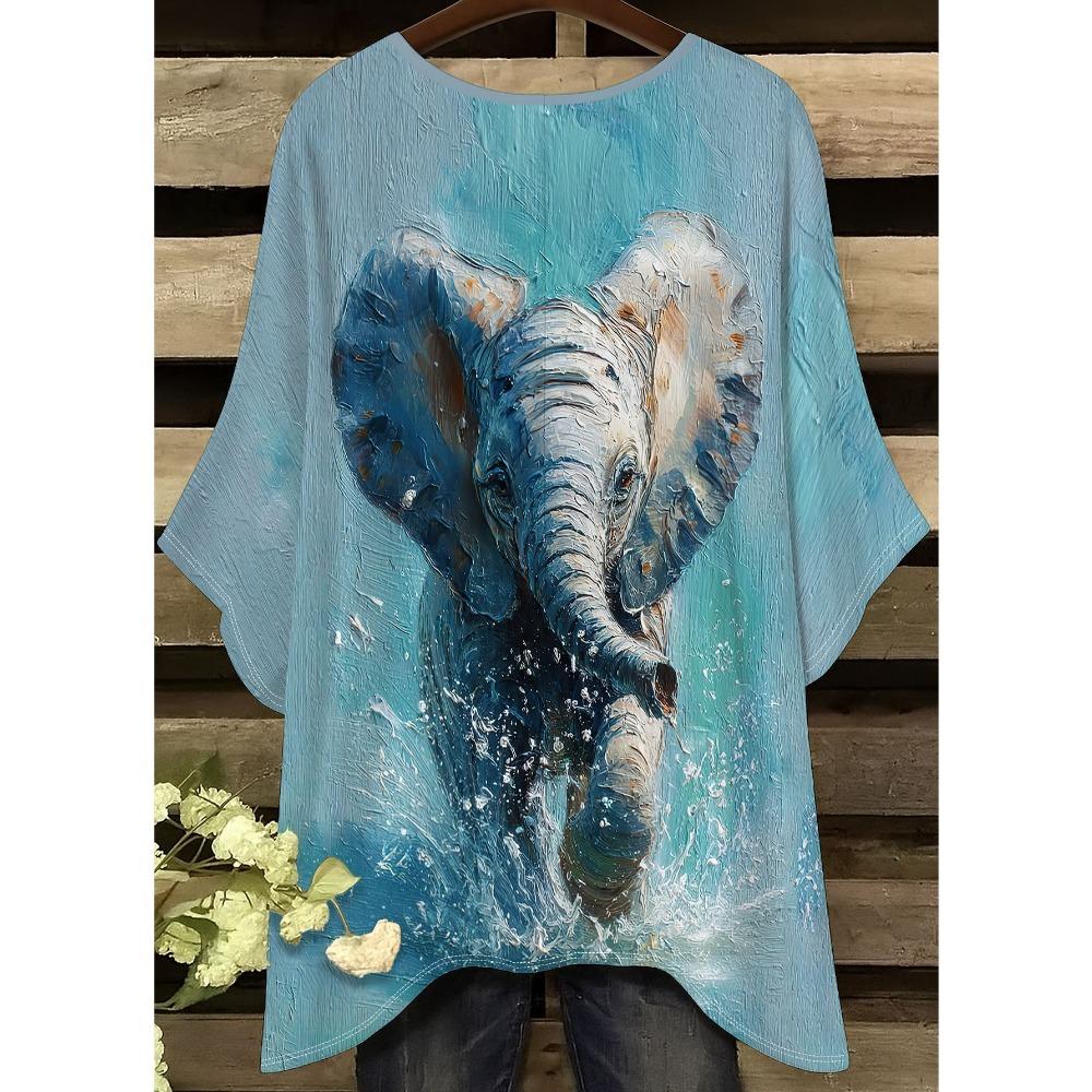 Women's short-sleeved T-shirt with elephant print, irregular hem design, four-season digital print