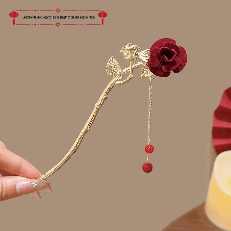 Elegant Red Rose Tassel Hairpin - U-shaped Hair Accessory for Women, Perfect for Updos and Traditional Attire.