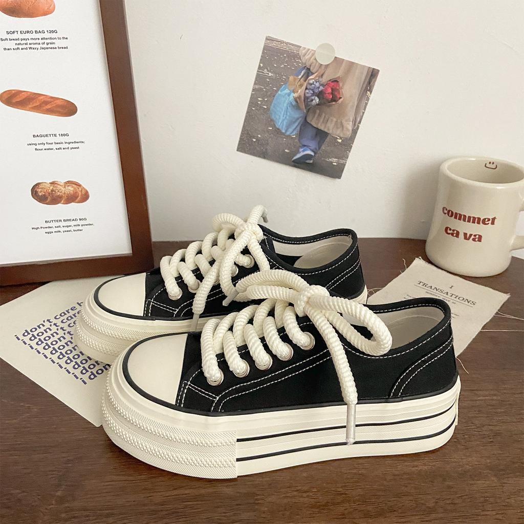 Cream platform canvas shoes women's thin summer new trendy niche big head muffin student white shoes