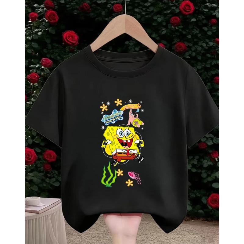 Street SpongeBob SquarePants Casual T Shirt 3-14Y Boys Girls Summer Cute Kawaii Fashion Hot Cartoon Crew Neck Kids
