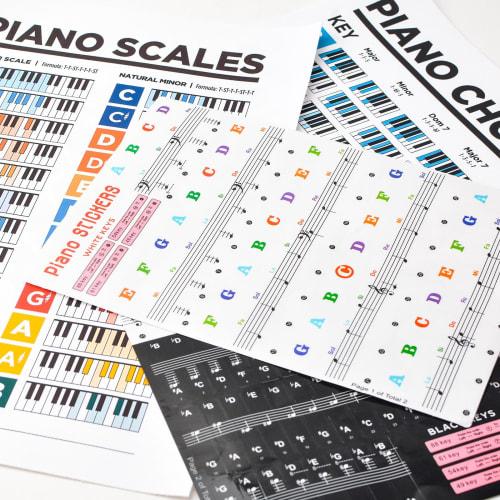 WANDIC Piano Chord Scale Chart Set, Includes 2 Beginner Piano Chord Posters and 2 Piano Keyboard Fretboard Stickers.