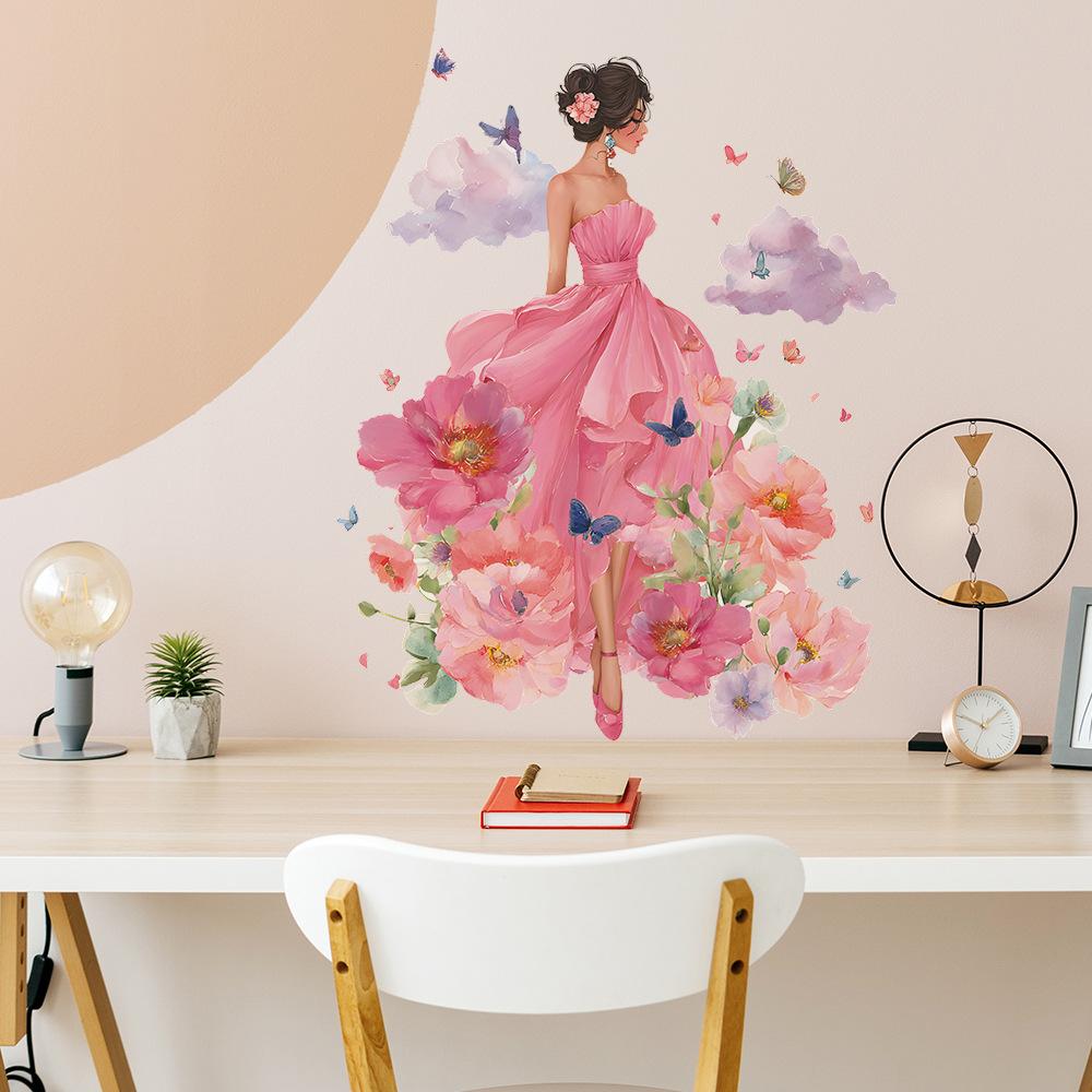 Fantastical Flower Fairy with Clouds and Butterflies Wall Sticker Enchanting Dreamy Self-Adhesive Removable Decor for Living Room Bedroom Girls Room