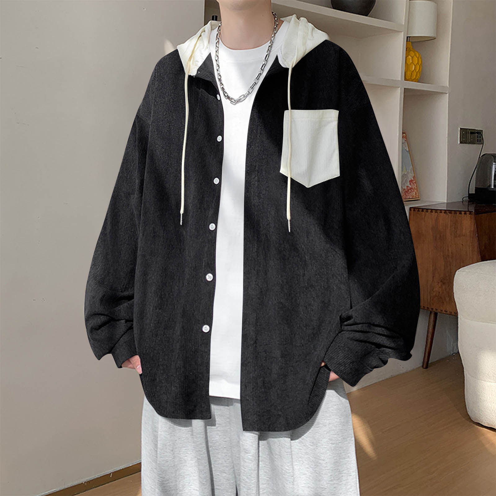 

Men s Colorblock Loose Hooded Long Sleeved Shirt Youth Fashion Casual Trendy Shirt XXL чёрный