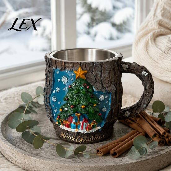 Christmas Mug Decorations Theme with Stainless Steel Liner, 3D Relief Hand Snowman Gift Mugs Painted Resin Coffee Cup, Decorative Drinkware