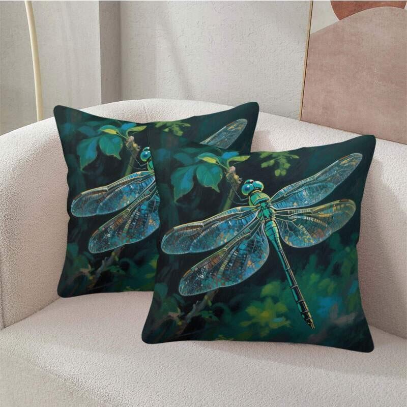 2PCS of Luxurious Decorative Pillowcase Elegant Dragonfly Pattern in Green Gold - Single-sided Printed Unfilled Design синий 10290₽