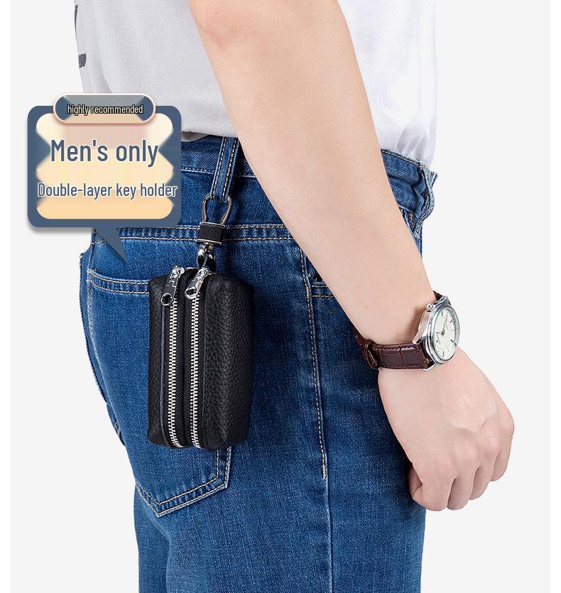 Genuine Leather Key Holder with Double Zipper, Large Capacity, Multi-functional Card Holder, Coin Purse & Key Case for Home Use