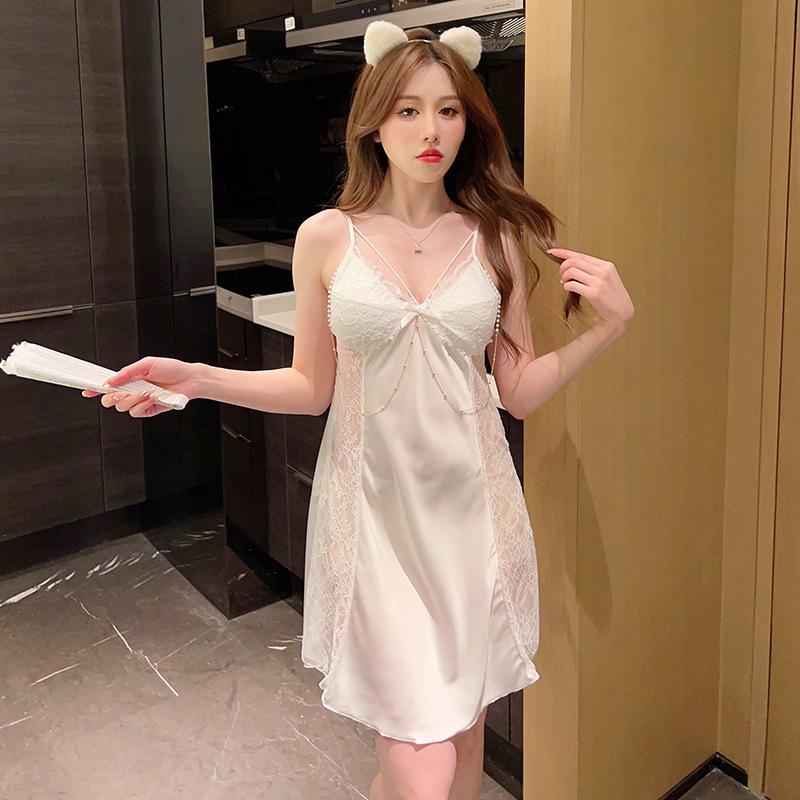 Summer ice silk suspender pajamas female sexy V-neck lace chain pajamas thin spring new loungewear