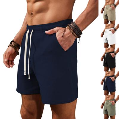 Herren Baumwoll-Leinen Kordelzug Shorts Atmungsaktiv Leicht Casual Sportlich Lockerer Sitz Strand Sport Shorts mit Taschen