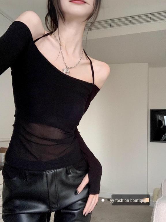 Women's Spicy Girl Mesh One-Shoulder Ice Silk Sun Protection Long Sleeve Halter Top