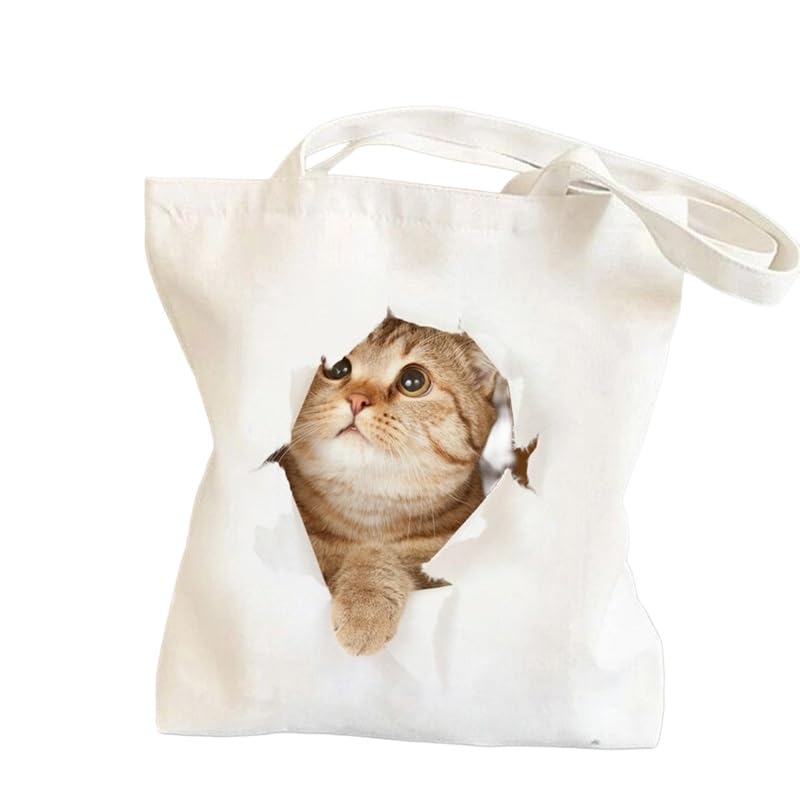 

[Mies ] Cute Canvas Tote Bag, 3D Cat Print, White, for Shopping, School, or Outings, 34x38cm, Cat Pattern, Large Capacity, Fits Umbrella and iPad (C3