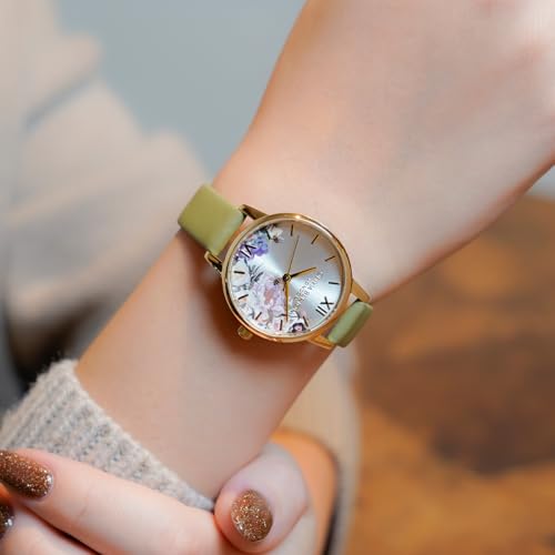 Authorized Dealer [OLIVIA BURTON] Olivia Burton Women's Watch 24000228 Illustrated Floral Midi Ivory Gold Sage Green Leather
