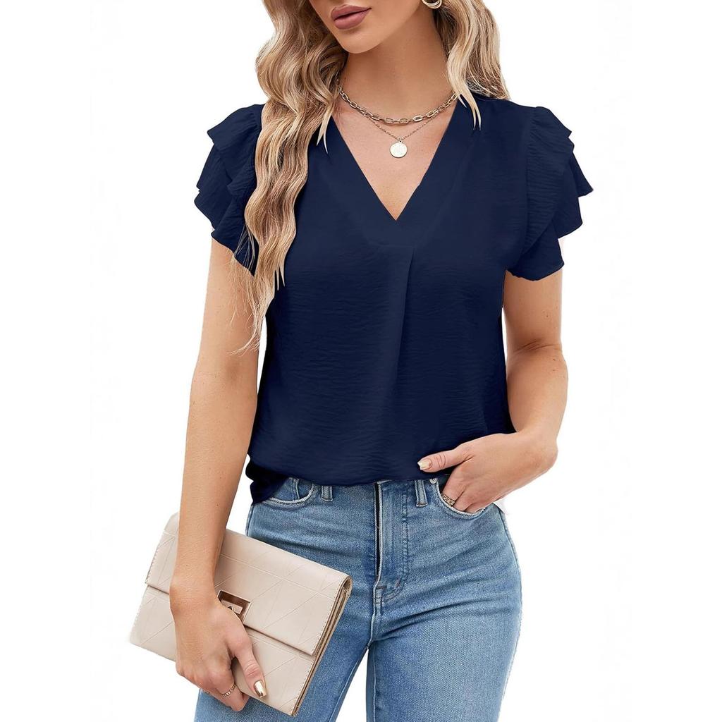 Women's Fashion Loose-Fit V-Neck Pullover T-Shirt Short Sleeve Top