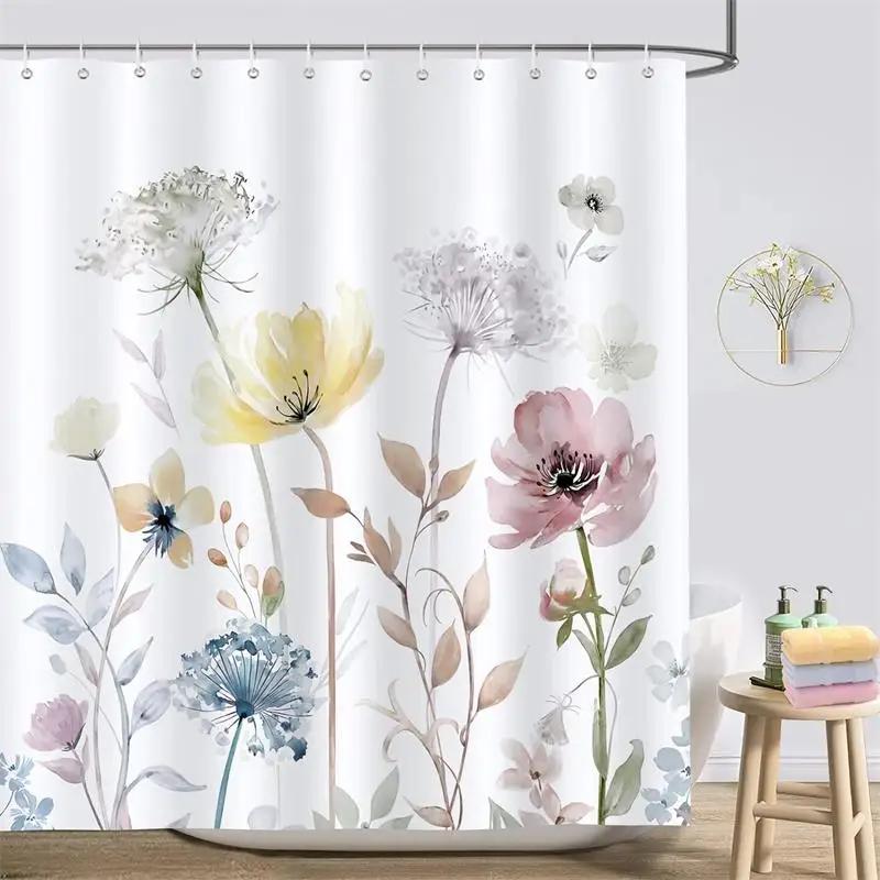 Eucalyptus Leaves Shower Curtain Watercolor Hanging Brown Leaf Pink Floral Fall Bath Curtains Fabric Bathroom Decor with Hooks