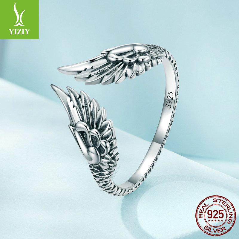 S925 Silver Wings Open Ring Men'S And Women'S, Vintage Feather Ring Jewelry Scr887