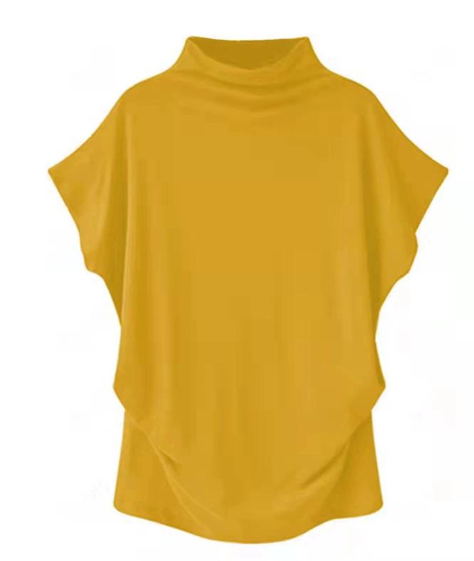 Women Turtleneck Cotton Tee Shirt Summer Short Sleeve Solid Casual Tops