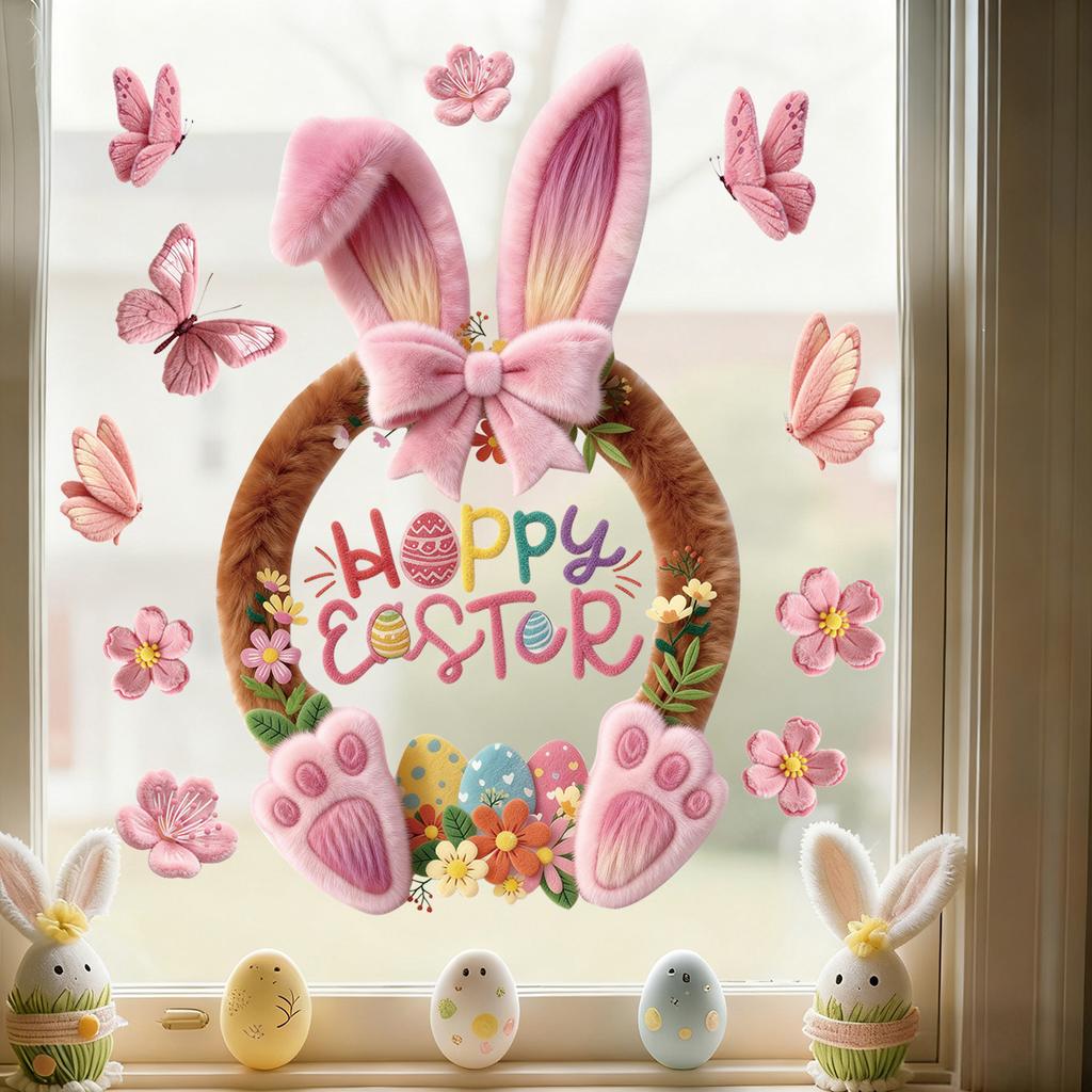 Easter Window Clings 2026 Pink Bunny with Flowers and Butterflies Static Clings for Glass Window Decoration Shop Window Decor
