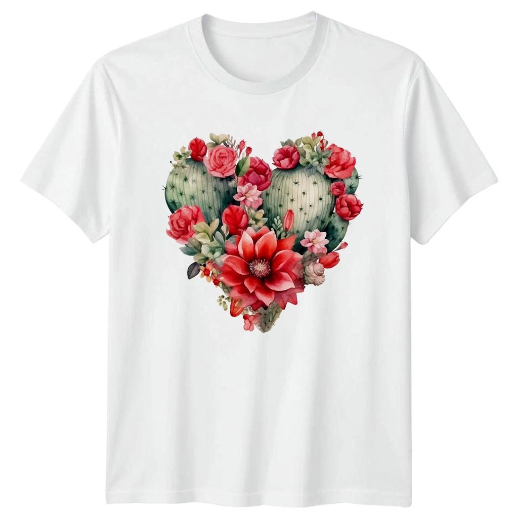 Cactus Flowers Heart Shape Mens T-Shirt Womens Tee Graphic Unisex Top