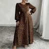 Women Plus Size Leopard Print Long Sleeve Square Neck Elegant Midi Dress