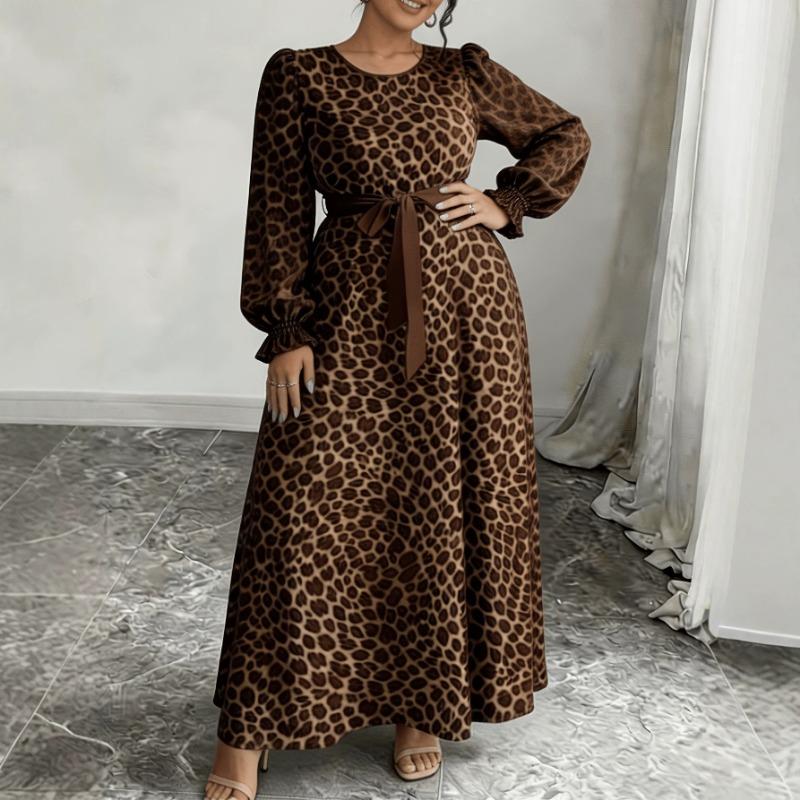 Women Plus Size Leopard Print Long Sleeve Square Neck Elegant Midi Dress