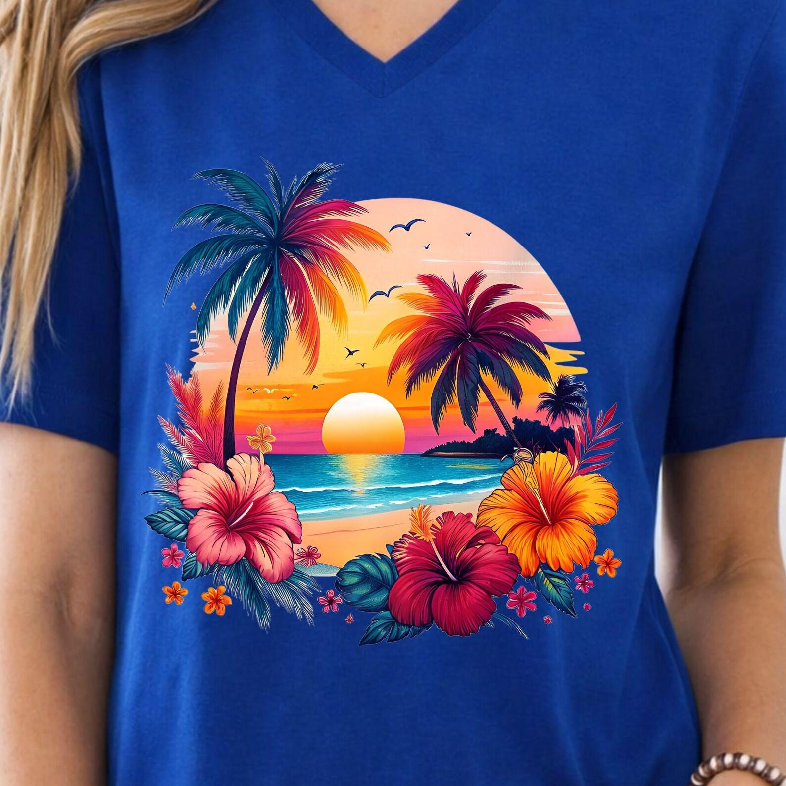 Tropical Sunset Hibiscus V-Neck Tee | Palm Trees Beach Sunset XL