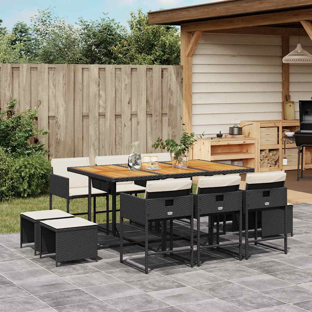 11 piece Garden Dining Set with Cushions Black Poly Rattan
