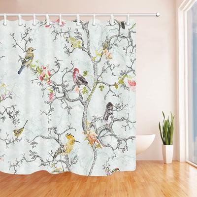 Asiatischer Blumenstil Duschvorhang Vögel und Blume Baumast Pflaumenblüte Weißer Kranich Badezimmer Polyestergewebe Badvorhänge