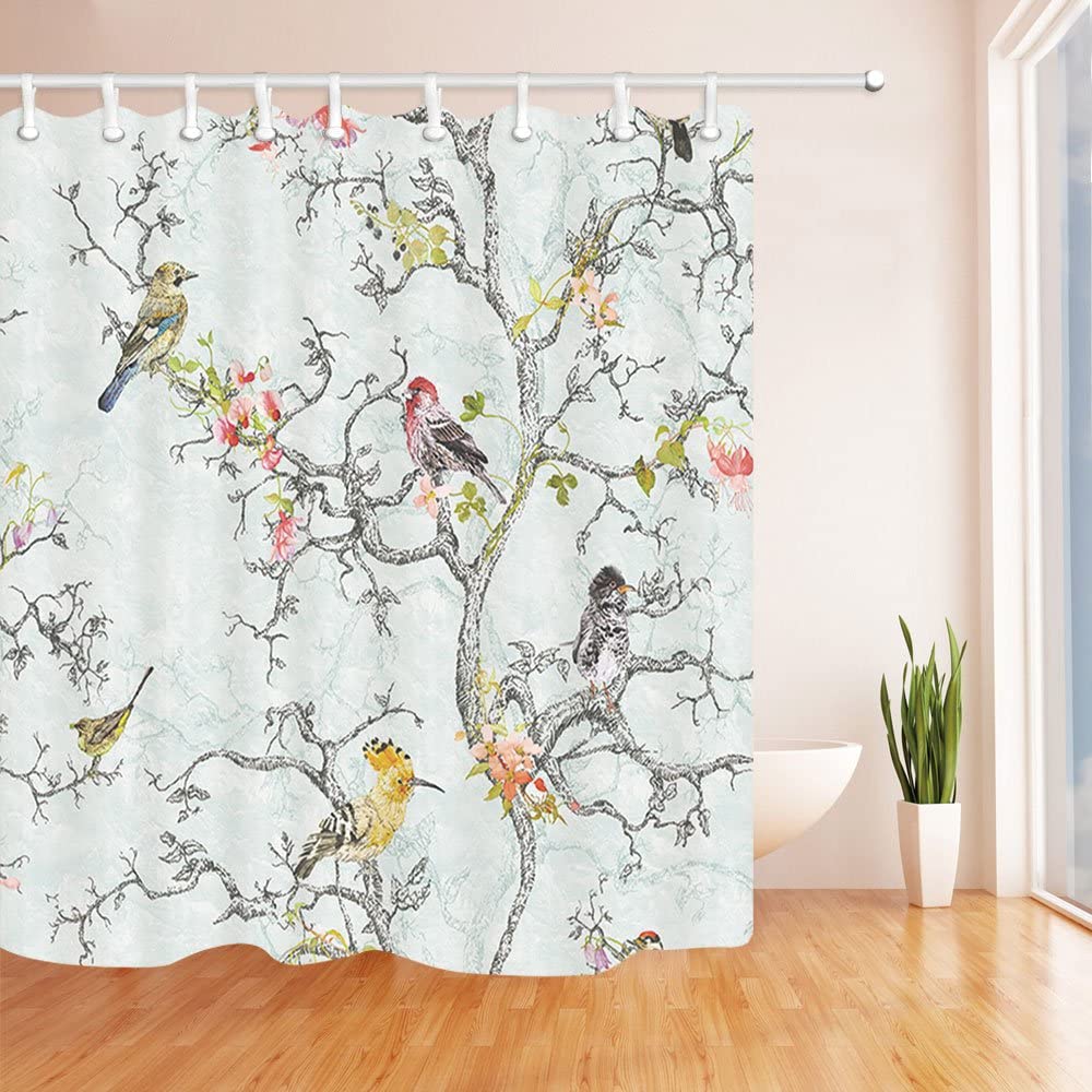 

Asian Floral Style Shower Curtain Birds and Flower Tree Branch Plum Blossom White Crane Bathroom Polyester Fabric Bath Curtains 35x70inch-90x180cm