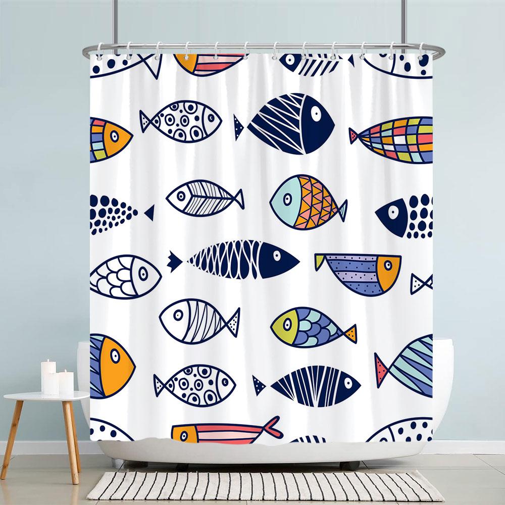 Kids Cartoon Animal Shower Curtain Funny Letters Blue Watercolour Fish Polyester Fabric Washable Shower Curtains Bathroom Decor