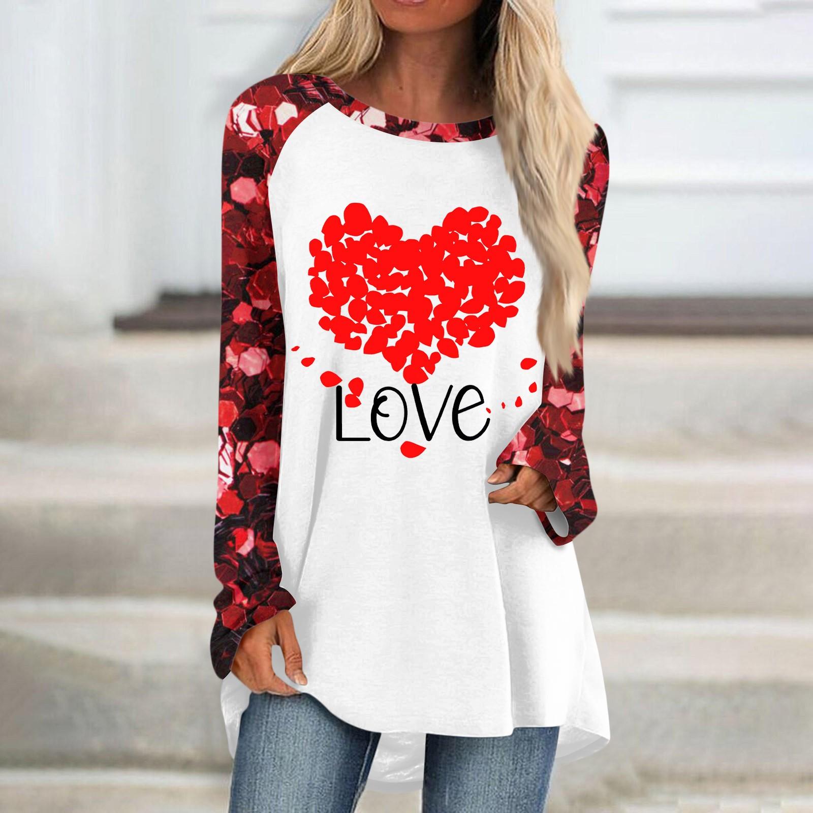 

Женский модный универсальный топ с длинным рукавом и средней длиной с принтом в виде сердечек ко Дню святого Валентина XL арбуз красный