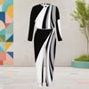 Women Plus Size Round Neck Long Sleeve Printed Two Piece Set Black White Cuffed Top Cuffed Pants With Pockets