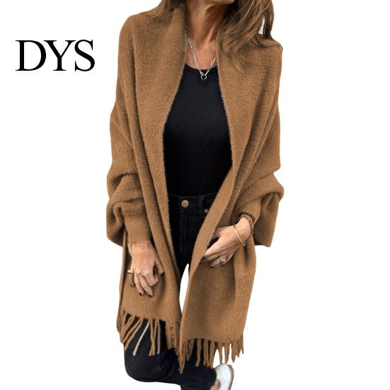 Women Shawl Jacket Winter Fall Thick Fleece Fringe Tassel Hem Long Bat Sleeves Open Stitch Cardigan Knitted Fuzzy Mid Length Coat Outdoor Daily
