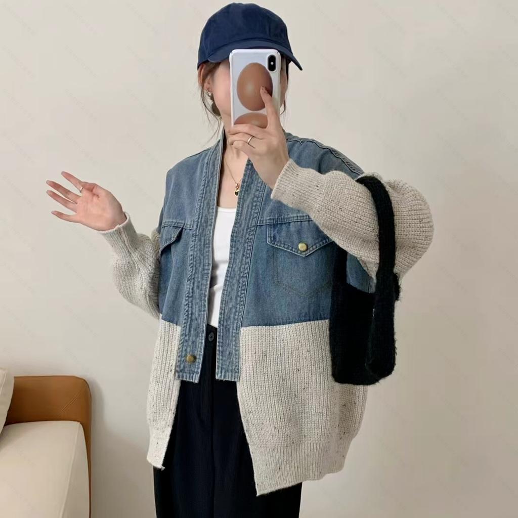 Dimanaf 2025 Autumn New Jacket Women Sweaters Coat Patchwork Wadded Coat Cardigan Knitting Pockets Fake Two-Piece Sweater