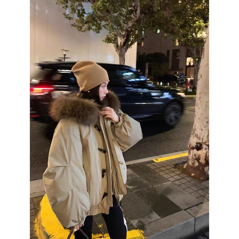 Big fur collar thickened warm versatile horn buckle cotton jacket women's winter loose short hooded tooling pie overcome