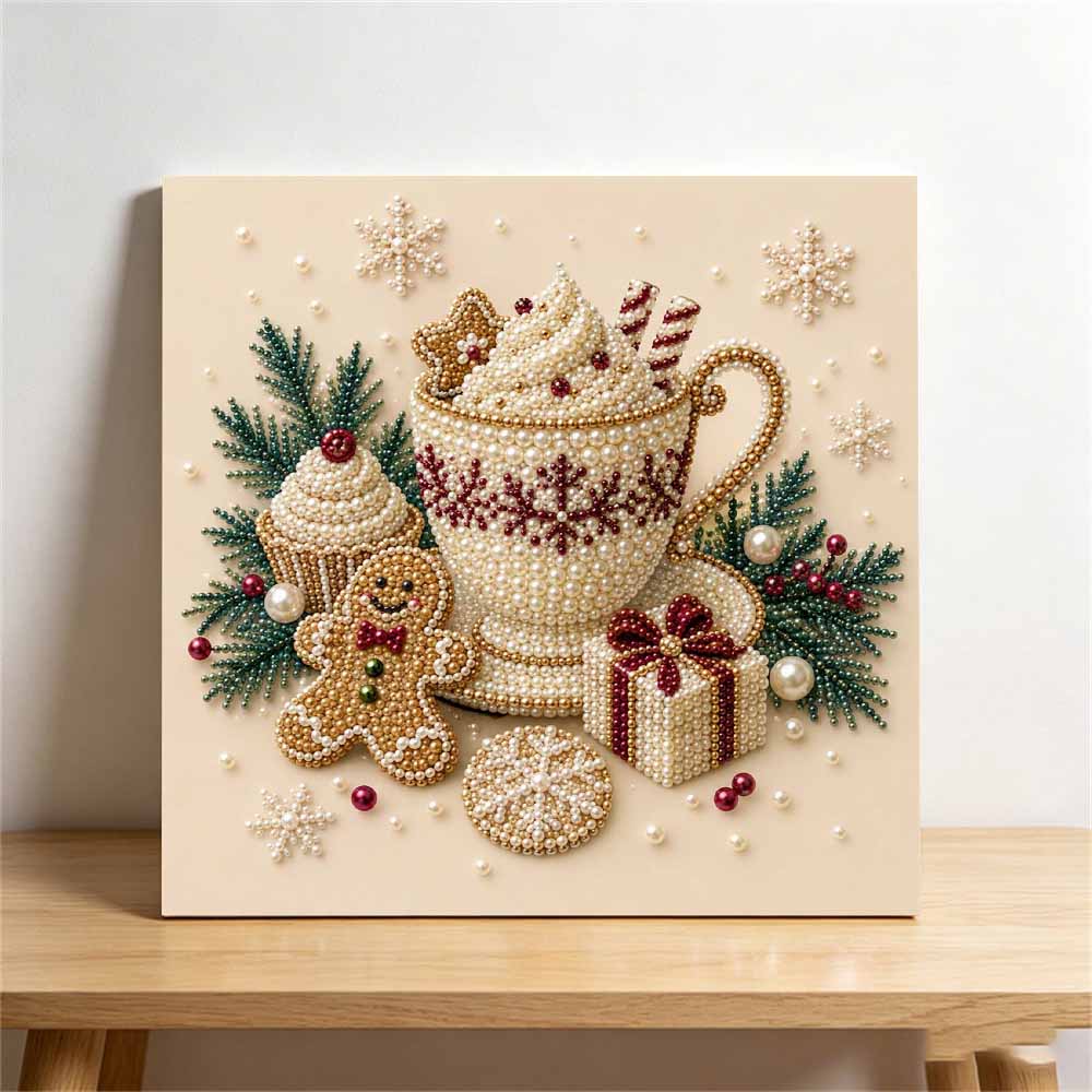 Framed Pearl Bead Art Set with Christmas Hot Cocoa DIY Sparkling Canvas Painting Relaxing Hobby Gift for Meditation Room Decoration