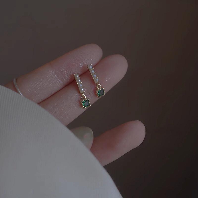 925 Sterling Silver Mini Pearl & Emerald Earrings: Japanese Korean Style, Light Luxury, Trendy Drop Design for Women
