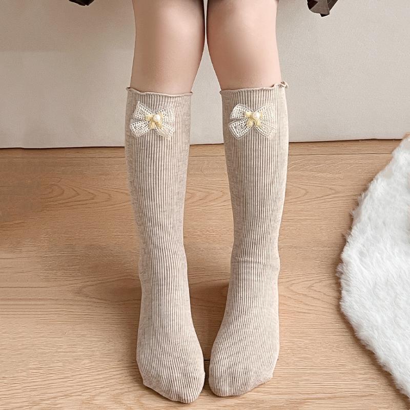 Children's Socks Girls' Solid Medium Long Socks Baby Cotton Comfortable Knee-high Socks With Bows And Lace Trim